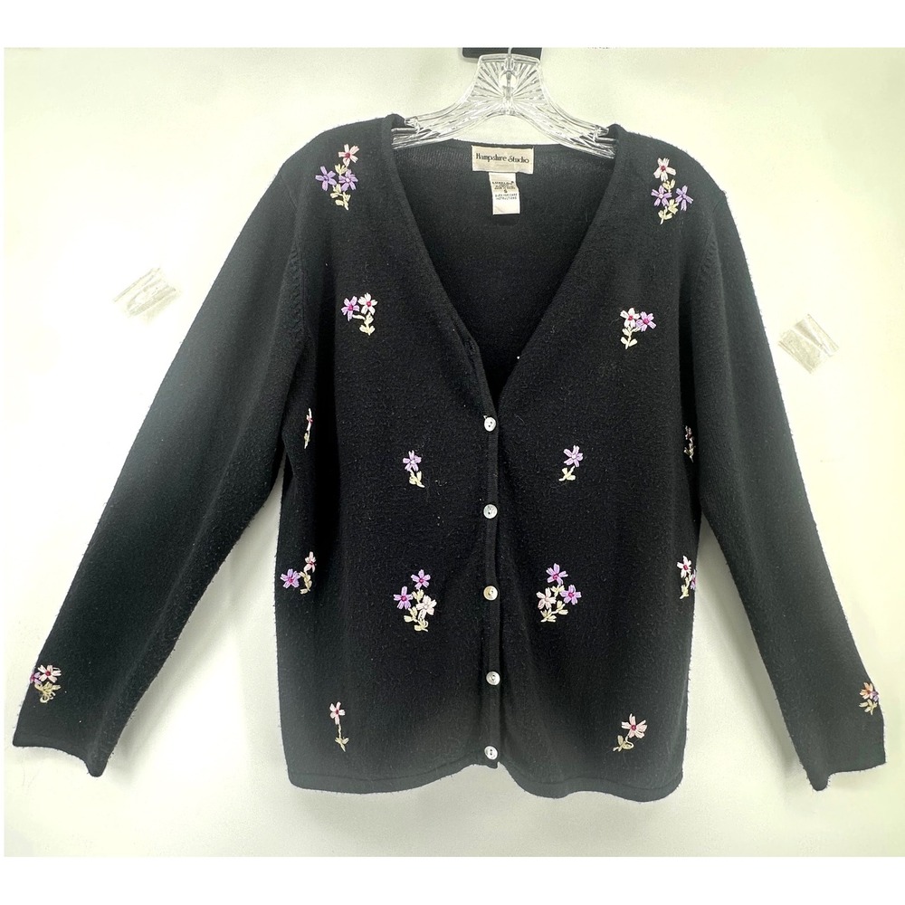 Hampshire Studio Womens Black Floral Embroidered Knit Cardigan Sweater Size S